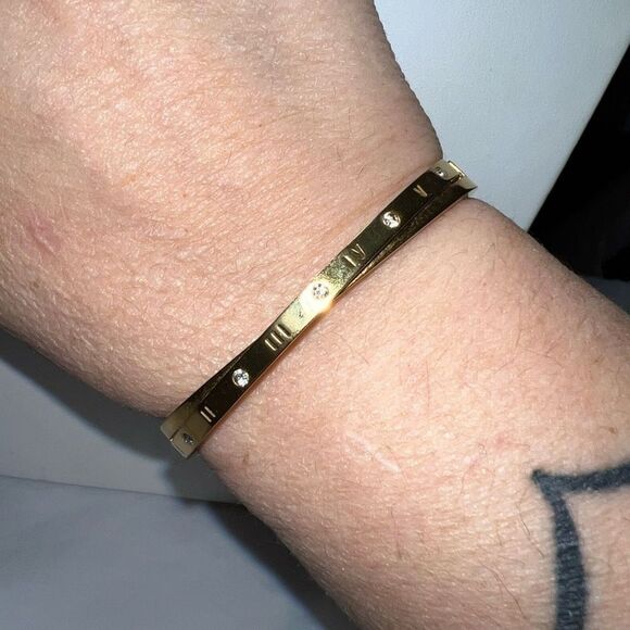 No Brand Jewelry - Gold Tone Roman Numerals and Crystal Bypass Bangle Bracelet